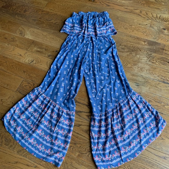 Japna Pants - Japna‎ Bohemian Blue Floral Wide Leg Jumpsuit